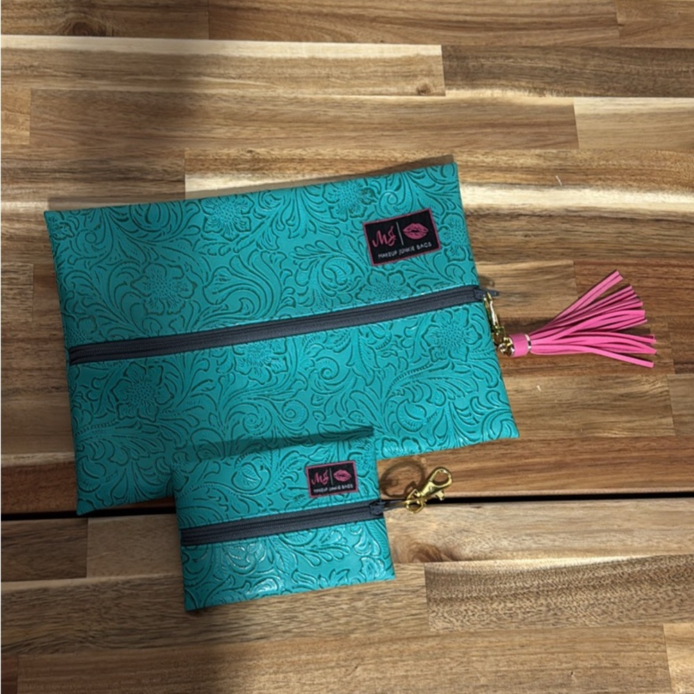 Teal Cosmetic Bag Set with Pink Tassel by Makeup Junkie